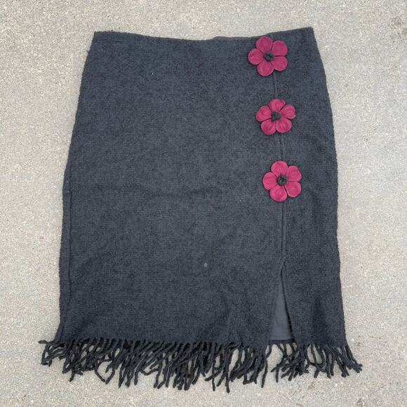 Vintage 90s Betsey Johnson Black Felted Floral Pencil Skirt Fringe Edge LARGE - Picture 1 of 10
